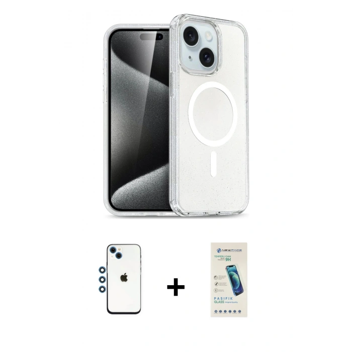 MARSİLYAN™- iPhone 14 Kılıf Nova Asil Prime - Şeffaf Pasifik Cam Ekran Koruyucu + Shine Kamera Lens - MI