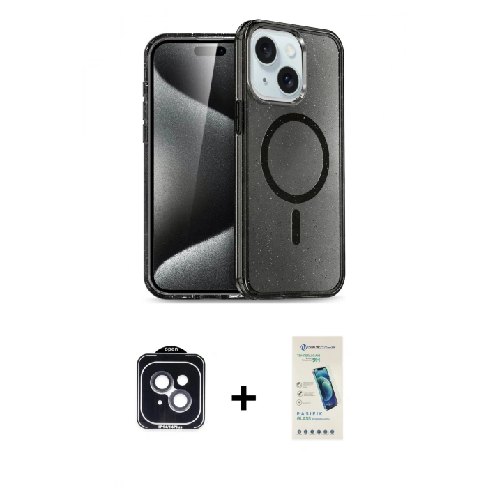 MARSİLYAN™- iPhone 14 Kılıf Nova Asil Prime - Şeffaf Pasifik Cam Ekran Koruyucu + PVD Metal Kamera Lens - SH
