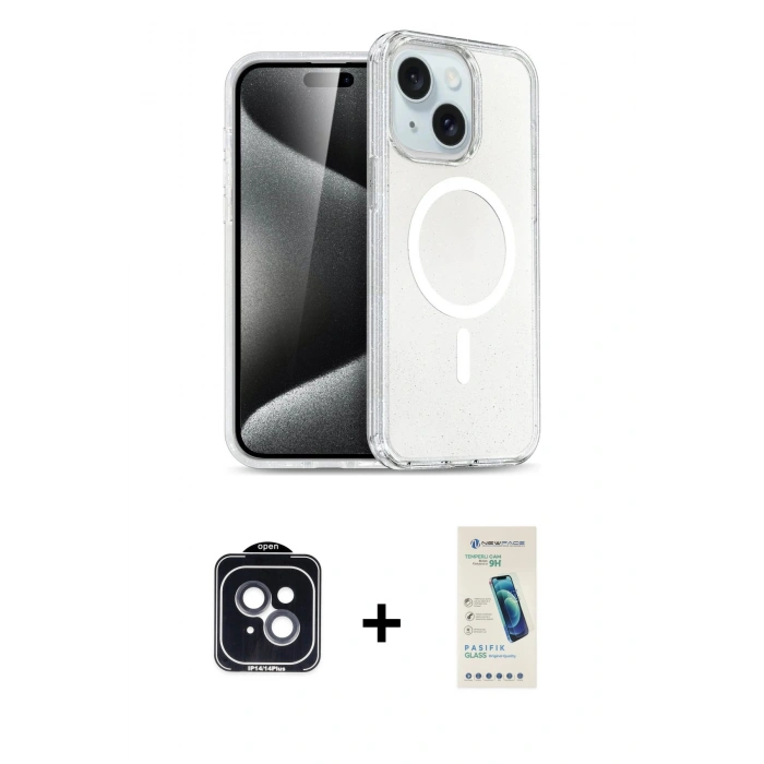 MARSİLYAN™- iPhone 14 Kılıf Nova Asil Prime - Şeffaf Pasifik Cam Ekran Koruyucu + PVD Metal Kamera Lens - SH
