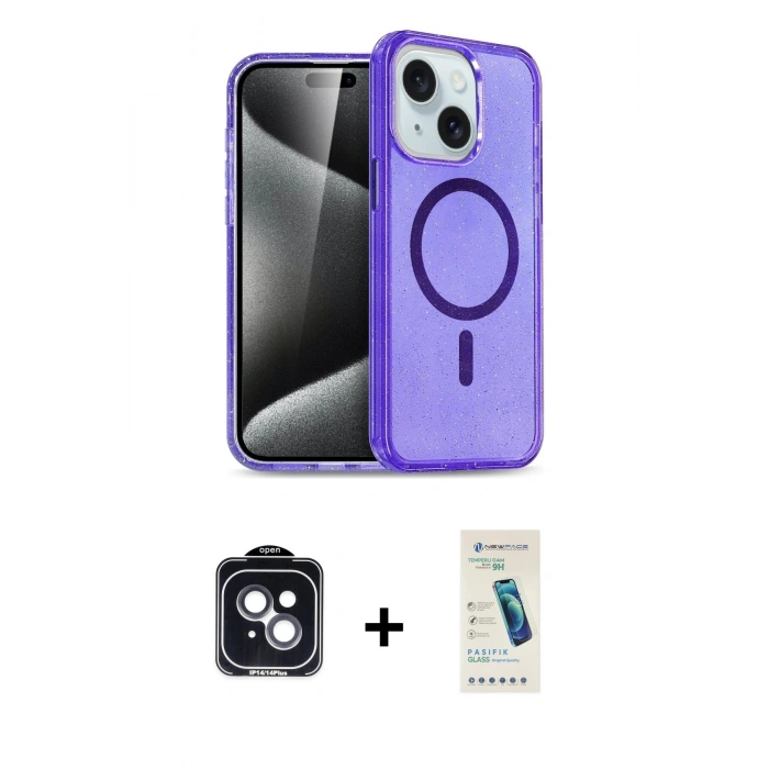MARSİLYAN™- iPhone 14 Kılıf Nova Asil Prime - Şeffaf Pasifik Cam Ekran Koruyucu + PVD Metal Kamera Lens - SH