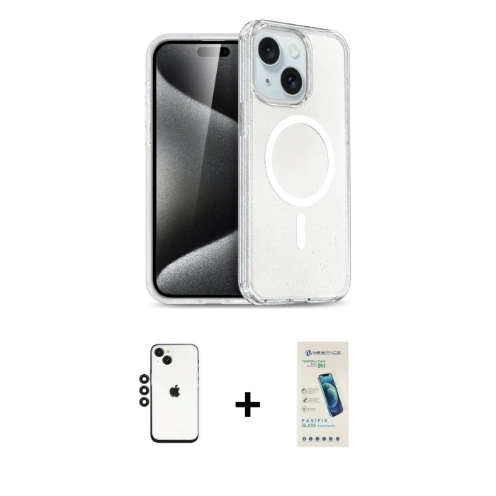 MARSİLYAN™- iPhone 14 Kılıf Nova Asil Prime - Şeffaf Pasifik Cam Ekran Koruyucu + Shine Kamera Lens - SH