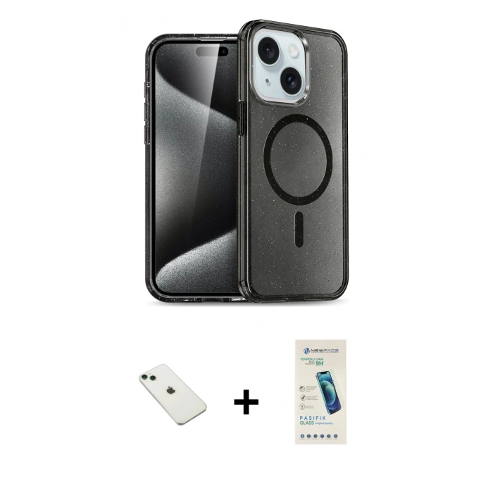 MARSİLYAN™- iPhone 14 Kılıf Nova Asil Prime - Şeffaf Pasifik Cam Ekran Koruyucu + Diamond Kamera Lens - YL
