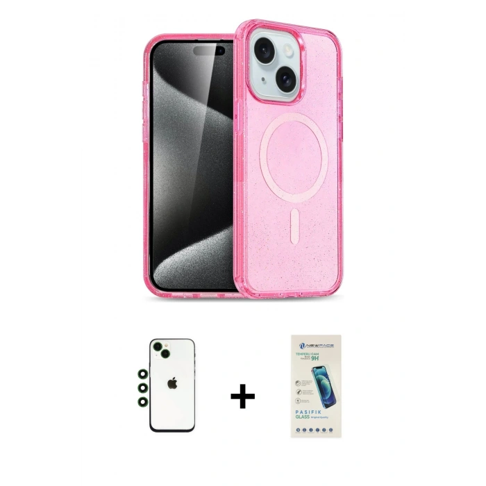 MARSİLYAN™- iPhone 14 Kılıf Nova Asil Prime - Şeffaf Pasifik Cam Ekran Koruyucu + Shine Kamera Lens - YL