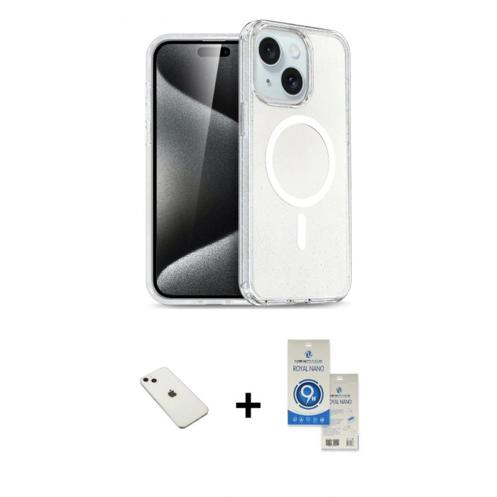 MARSİLYAN™- iPhone 14 Kılıf Nova Asil Prime - Şeffaf Royal Nano Ekran Koruyucu + Diamond Kamera Lens - PE