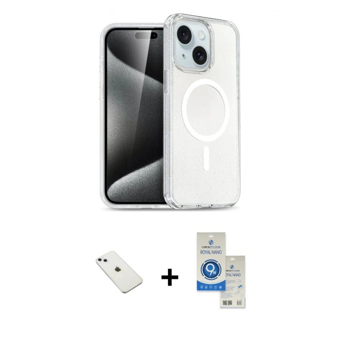 MARSİLYAN™- iPhone 14 Kılıf Nova Asil Prime - Şeffaf Royal Nano Ekran Koruyucu + Diamond Kamera Lens - SABE