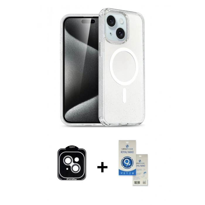 MARSİLYAN™- iPhone 14 Kılıf Nova Asil Prime - Şeffaf Royal Nano Ekran Koruyucu + PVD Metal Kamera Lens - GS