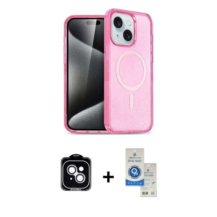 MARSİLYAN™- iPhone 14 Kılıf Nova Asil Prime - Şeffaf Royal Nano Ekran Koruyucu + PVD Metal Kamera Lens - GS