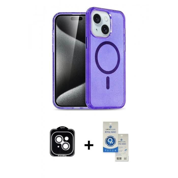 MARSİLYAN™- iPhone 14 Kılıf Nova Asil Prime - Şeffaf Royal Nano Ekran Koruyucu + PVD Metal Kamera Lens - GS