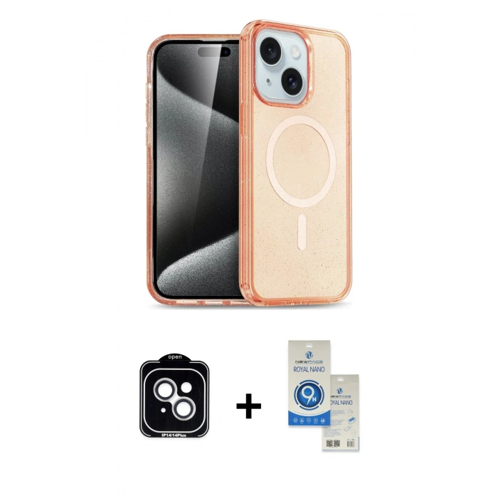 MARSİLYAN™- iPhone 14 Kılıf Nova Asil Prime - Şeffaf Royal Nano Ekran Koruyucu + PVD Metal Kamera Lens - GS