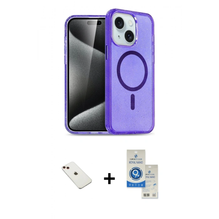 MARSİLYAN™- iPhone 14 Kılıf Nova Asil Prime - Şeffaf Royal Nano Ekran Koruyucu + Diamond Kamera Lens - KI