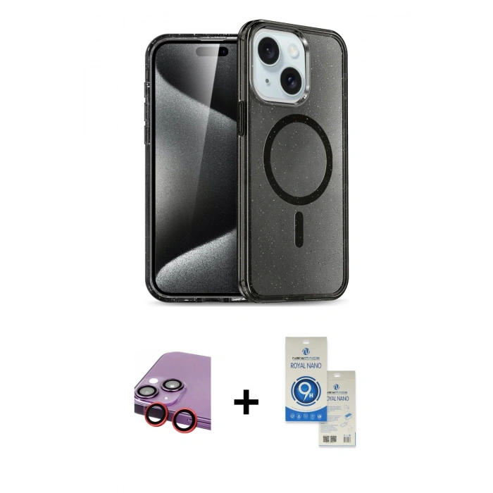MARSİLYAN™- iPhone 14 Kılıf Nova Asil Prime - Şeffaf Royal Nano Ekran Koruyucu + Raze Metal Kamera Lens - KI