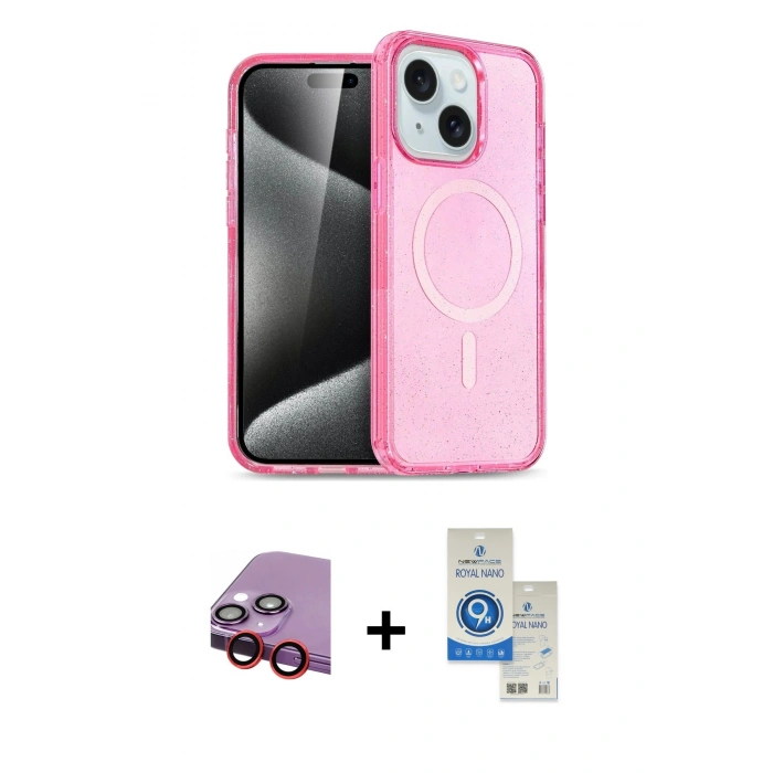 MARSİLYAN™- iPhone 14 Kılıf Nova Asil Prime - Şeffaf Royal Nano Ekran Koruyucu + Raze Metal Kamera Lens - KI