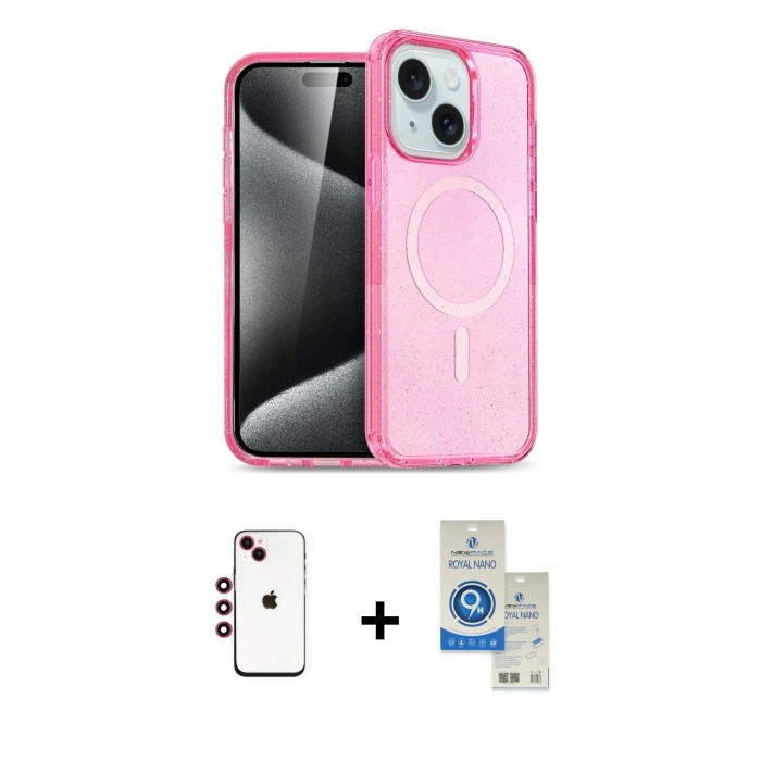 MARSİLYAN™- iPhone 14 Kılıf Nova Asil Prime - Şeffaf Royal Nano Ekran Koruyucu + Shine Kamera Lens - KI