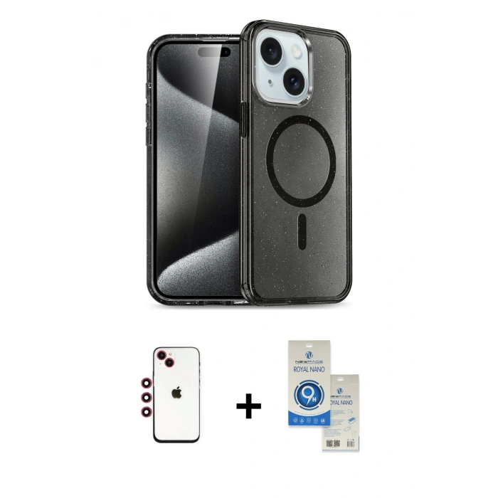 MARSİLYAN™- iPhone 14 Kılıf Nova Asil Prime - Şeffaf Royal Nano Ekran Koruyucu + Shine Kamera Lens - KI