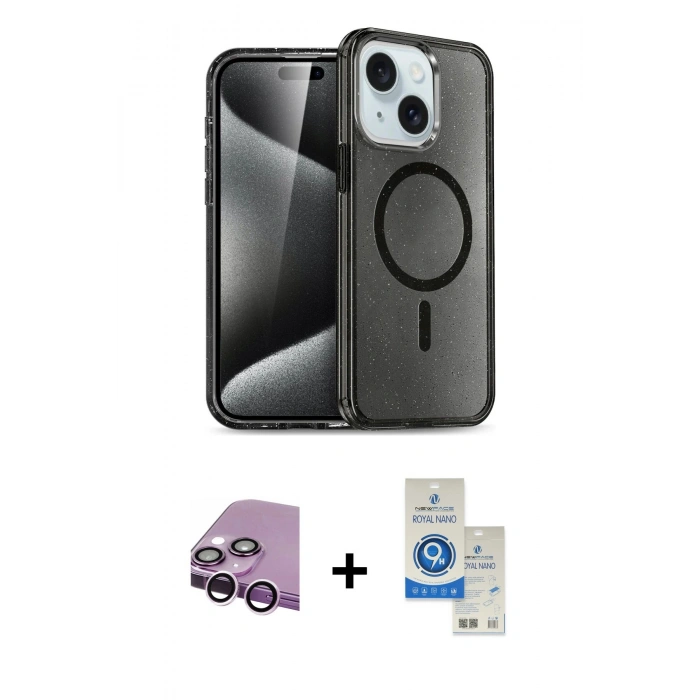 MARSİLYAN™- iPhone 14 Kılıf Nova Asil Prime - Şeffaf Royal Nano Ekran Koruyucu + Raze Metal Kamera Lens - MR