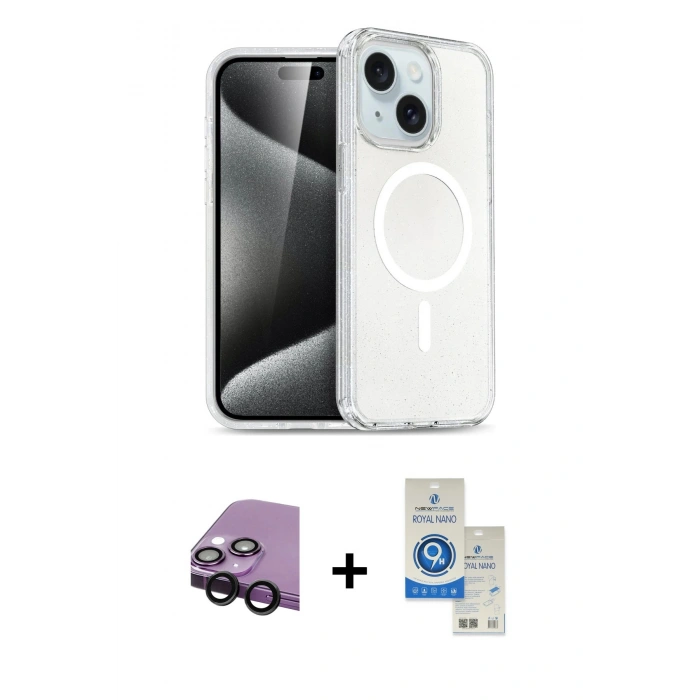 MARSİLYAN™- iPhone 14 Kılıf Nova Asil Prime - Şeffaf Royal Nano Ekran Koruyucu + Raze Metal Kamera Lens - SH