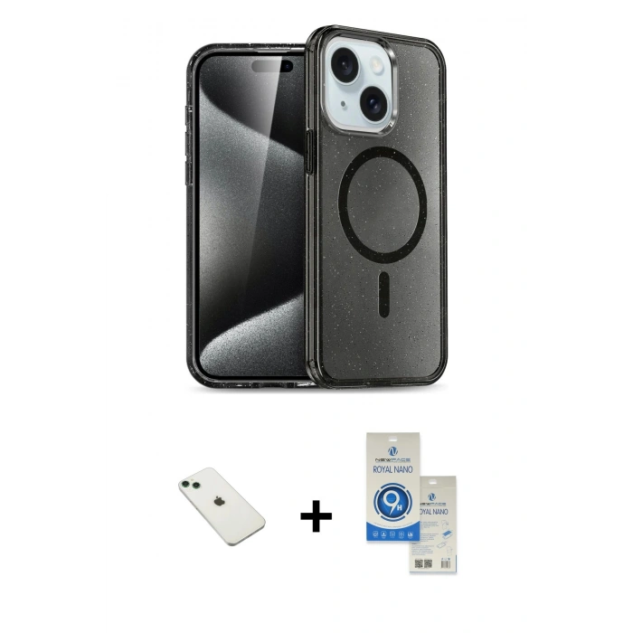 MARSİLYAN™- iPhone 14 Kılıf Nova Asil Prime - Şeffaf Royal Nano Ekran Koruyucu + Yeşil Diamond Kamera Lens