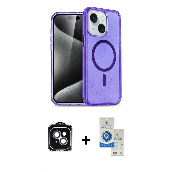 MARSİLYAN™- iPhone 14 Kılıf Nova Asil Prime - Şeffaf Royal Nano Ekran Koruyucu + PVD Metal Kamera Lens - YL
