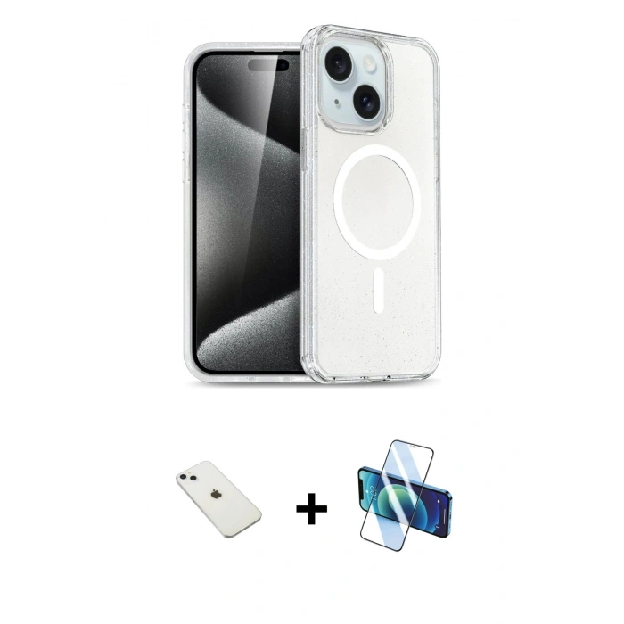 MARSİLYAN™- iPhone 14 Kılıf Nova Asil Prime - Siyah 3D Antistatik Cam Ekran Koruyucu + Diamond Kamera Lens - SABE