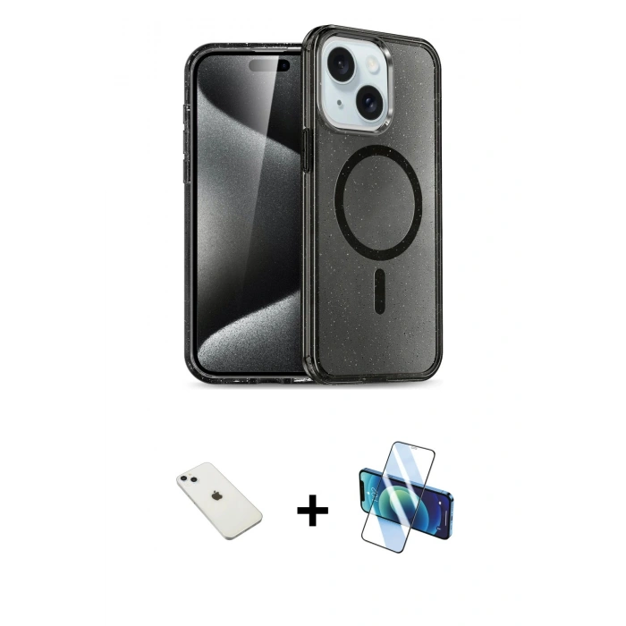 MARSİLYAN™- iPhone 14 Kılıf Nova Asil Prime - Siyah 3D Antistatik Cam Ekran Koruyucu + Diamond Kamera Lens - SABE