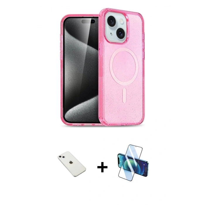MARSİLYAN™- iPhone 14 Kılıf Nova Asil Prime - Siyah 3D Antistatik Cam Ekran Koruyucu + Diamond Kamera Lens - SABE