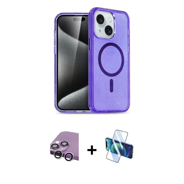 MARSİLYAN™- iPhone 14 Kılıf Nova Asil Prime - Siyah 3D Antistatik Cam Ekran Koruyucu + Raze Metal Kamera Lens - GS