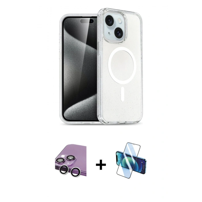 MARSİLYAN™- iPhone 14 Kılıf Nova Asil Prime - Siyah 3D Antistatik Cam Ekran Koruyucu + Raze Metal Kamera Lens - GS