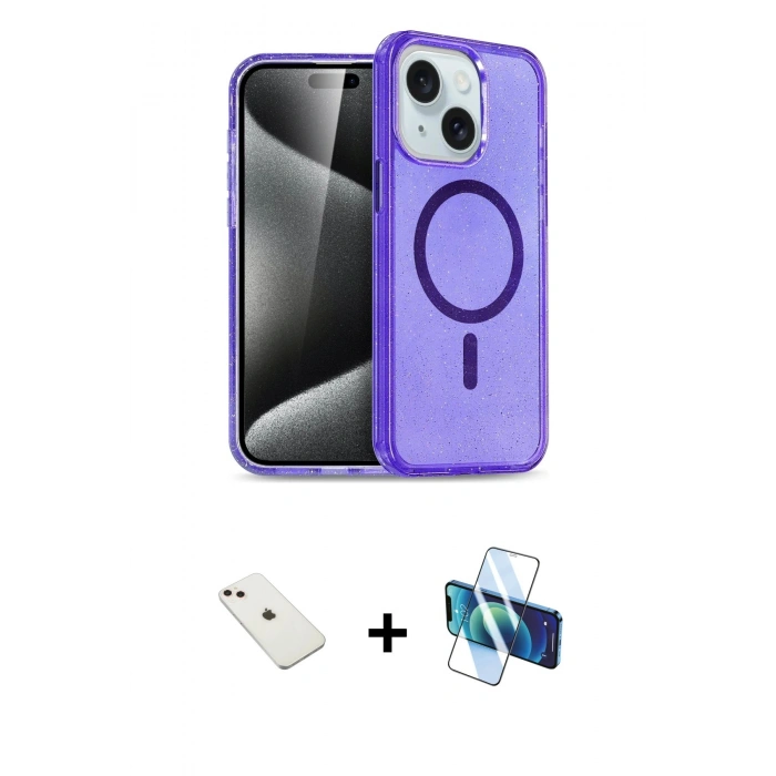 MARSİLYAN™- iPhone 14 Kılıf Nova Asil Prime - Siyah 3D Antistatik Cam Ekran Koruyucu + Pembe Diamond Kamera Lens