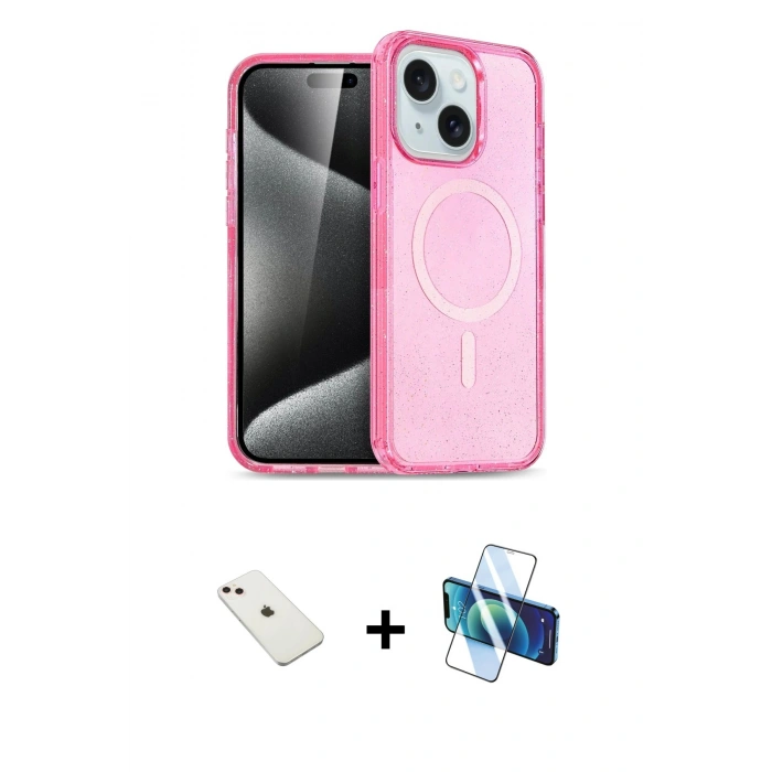 MARSİLYAN™- iPhone 14 Kılıf Nova Asil Prime - Siyah 3D Antistatik Cam Ekran Koruyucu + Pembe Diamond Kamera Lens