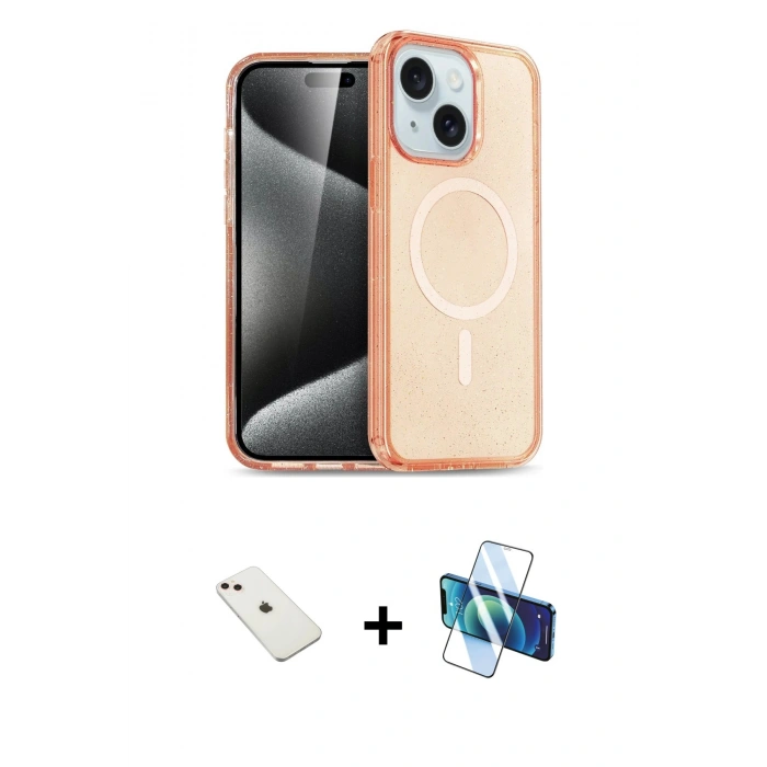 MARSİLYAN™- iPhone 14 Kılıf Nova Asil Prime - Siyah 3D Antistatik Cam Ekran Koruyucu + Pembe Diamond Kamera Lens