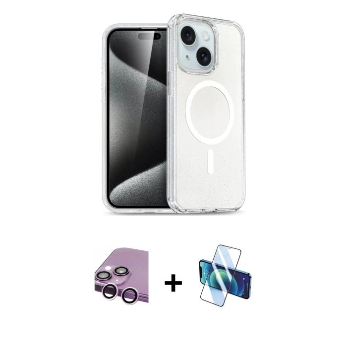 MARSİLYAN™- iPhone 14 Kılıf Nova Asil Prime - Siyah 3D Antistatik Cam Ekran Koruyucu + Raze Metal Kamera Lens - MR