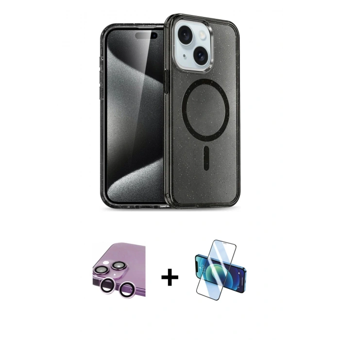 MARSİLYAN™- iPhone 14 Kılıf Nova Asil Prime - Siyah 3D Antistatik Cam Ekran Koruyucu + Raze Metal Kamera Lens - MR