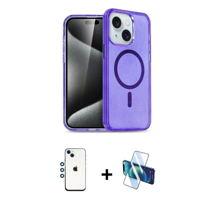 MARSİLYAN™- iPhone 14 Kılıf Nova Asil Prime - Siyah 3D Antistatik Cam Ekran Koruyucu + Shine Kamera Lens - MI