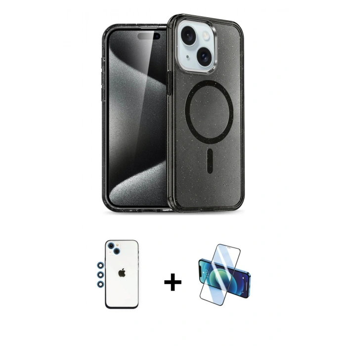 MARSİLYAN™- iPhone 14 Kılıf Nova Asil Prime - Siyah 3D Antistatik Cam Ekran Koruyucu + Shine Kamera Lens - MI