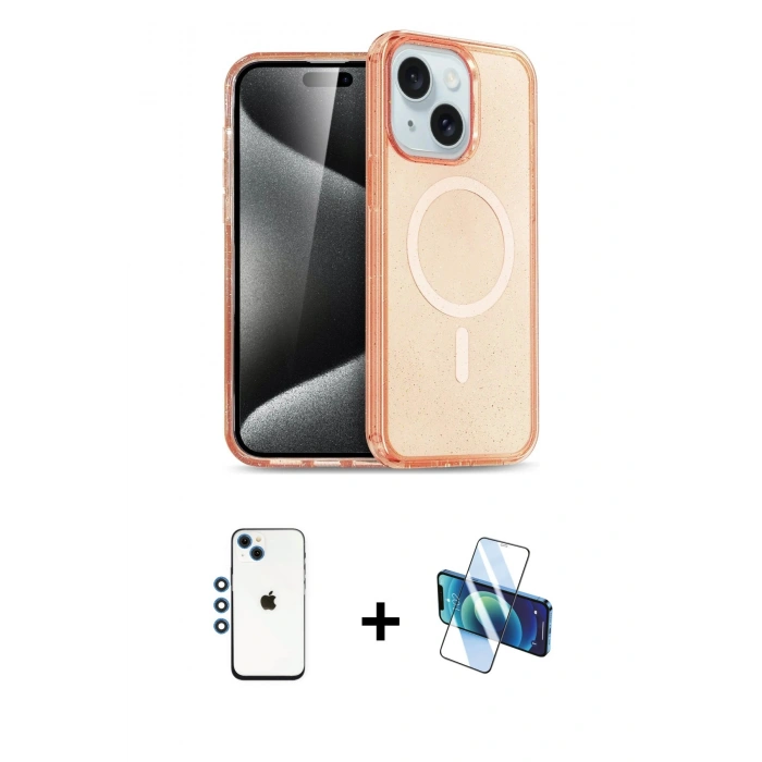 MARSİLYAN™- iPhone 14 Kılıf Nova Asil Prime - Siyah 3D Antistatik Cam Ekran Koruyucu + Shine Kamera Lens - MI