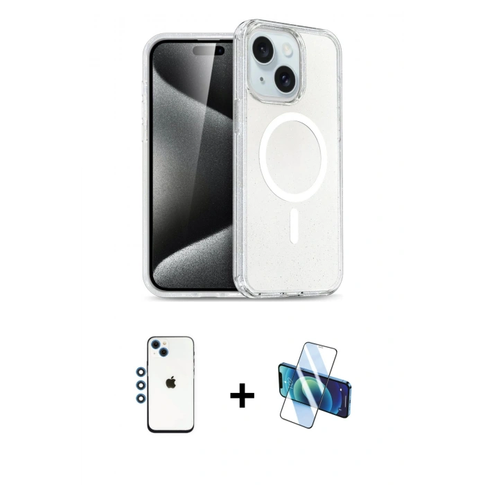 MARSİLYAN™- iPhone 14 Kılıf Nova Asil Prime - Siyah 3D Antistatik Cam Ekran Koruyucu + Shine Kamera Lens - MI