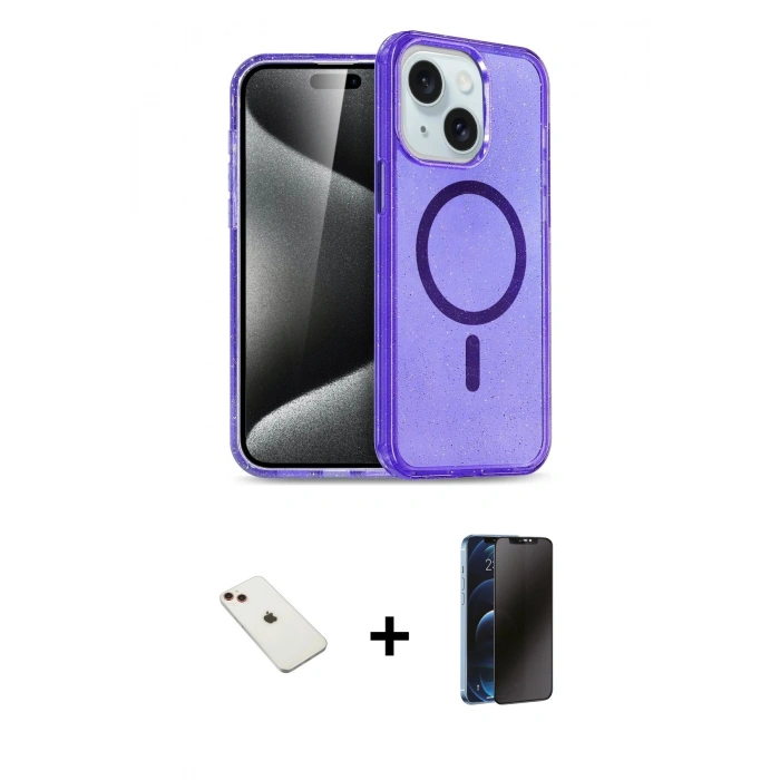 MARSİLYAN™- iPhone 14 Kılıf Nova Asil Prime - Siyah 3D Antistatik Hayalet Cam Ekran Koruyucu + Diamond Kamera Lens - KI