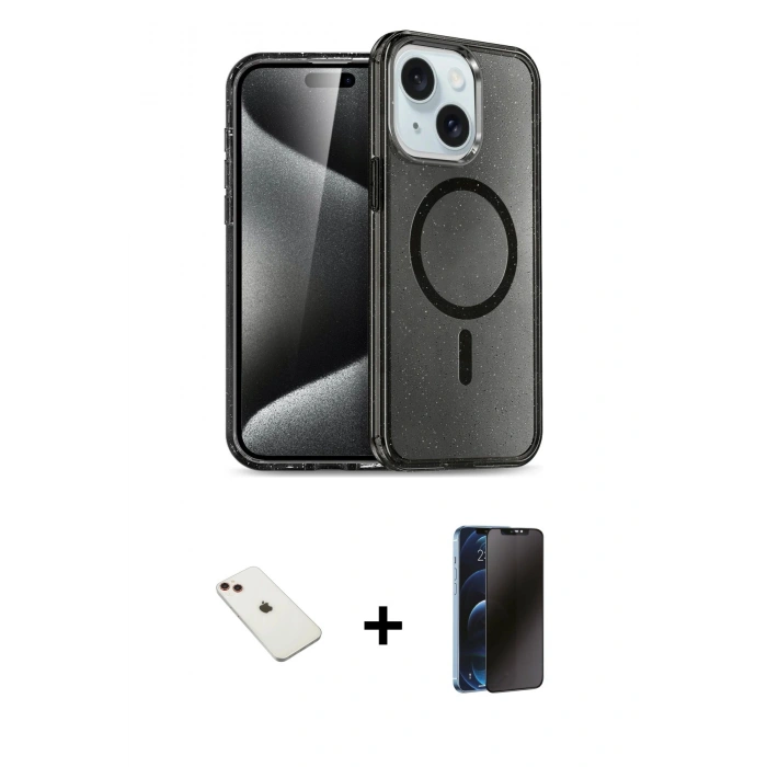 MARSİLYAN™- iPhone 14 Kılıf Nova Asil Prime - Siyah 3D Antistatik Hayalet Cam Ekran Koruyucu + Diamond Kamera Lens - KI