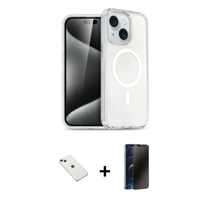 MARSİLYAN™- iPhone 14 Kılıf Nova Asil Prime - Siyah 3D Antistatik Hayalet Cam Ekran Koruyucu + Diamond Kamera Lens - YL