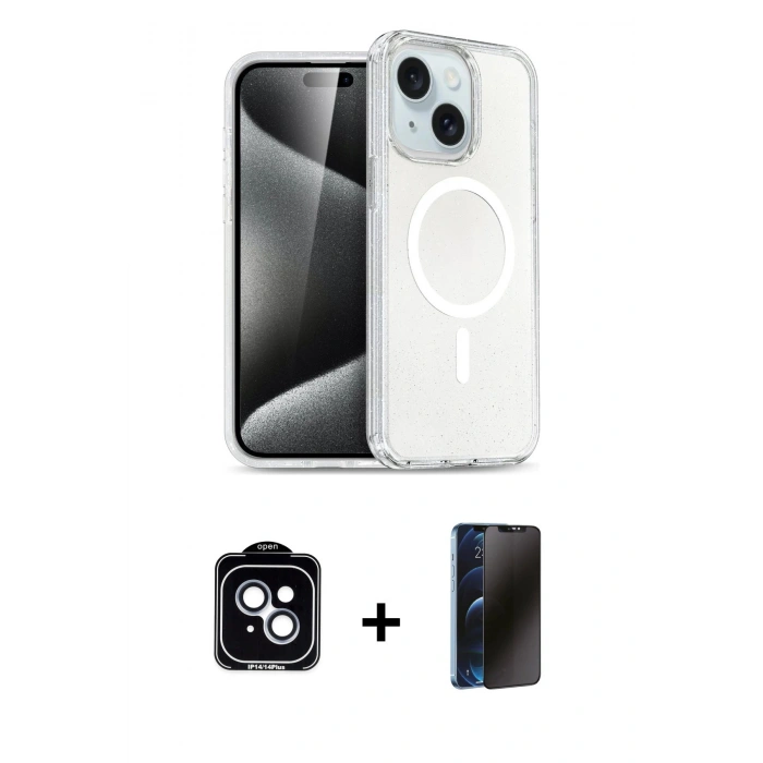 MARSİLYAN™- iPhone 14 Kılıf Nova Asil Prime - Siyah 3D Antistatik Hayalet Cam Ekran Koruyucu + PVD Metal Kamera Lens - MI