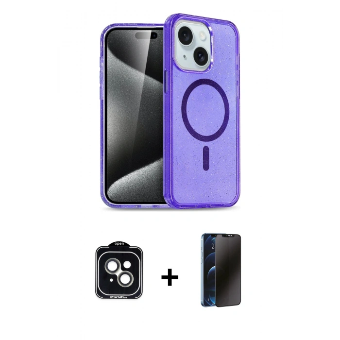 MARSİLYAN™- iPhone 14 Kılıf Nova Asil Prime - Siyah 3D Antistatik Hayalet Cam Ekran Koruyucu + PVD Metal Kamera Lens - YL