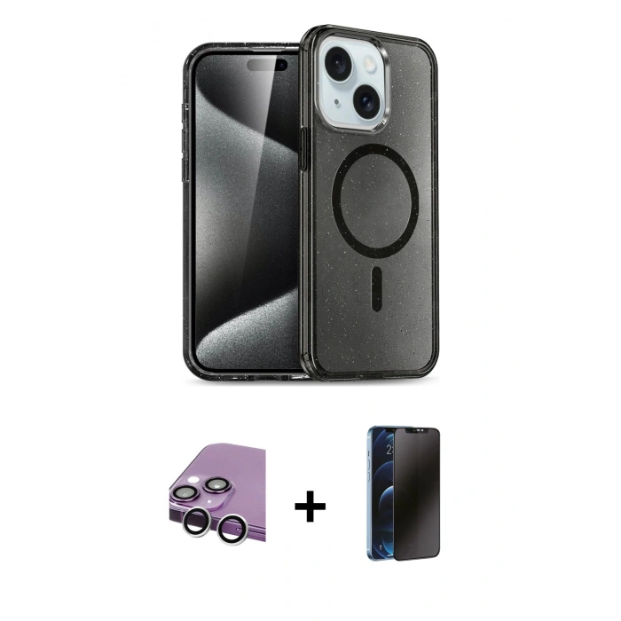 MARSİLYAN™- iPhone 14 Kılıf Nova Asil Prime - Siyah 3D Antistatik Hayalet Cam Ekran Koruyucu + Raze Metal Kamera Lens - GS