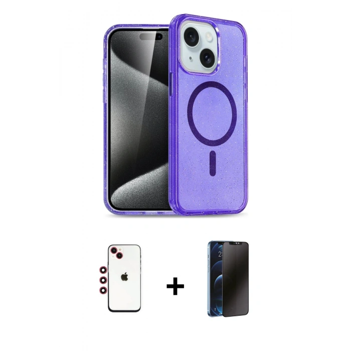 MARSİLYAN™- iPhone 14 Kılıf Nova Asil Prime - Siyah 3D Antistatik Hayalet Cam Ekran Koruyucu + Shine Kamera Lens - KI