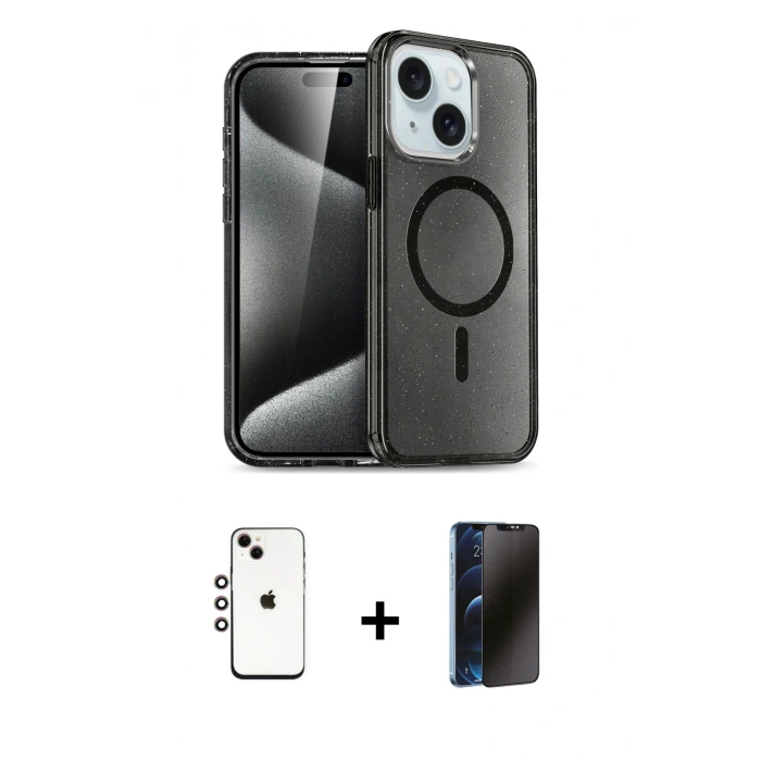 MARSİLYAN™- iPhone 14 Kılıf Nova Asil Prime - Siyah 3D Antistatik Hayalet Cam Ekran Koruyucu + Shine Kamera Lens - GI