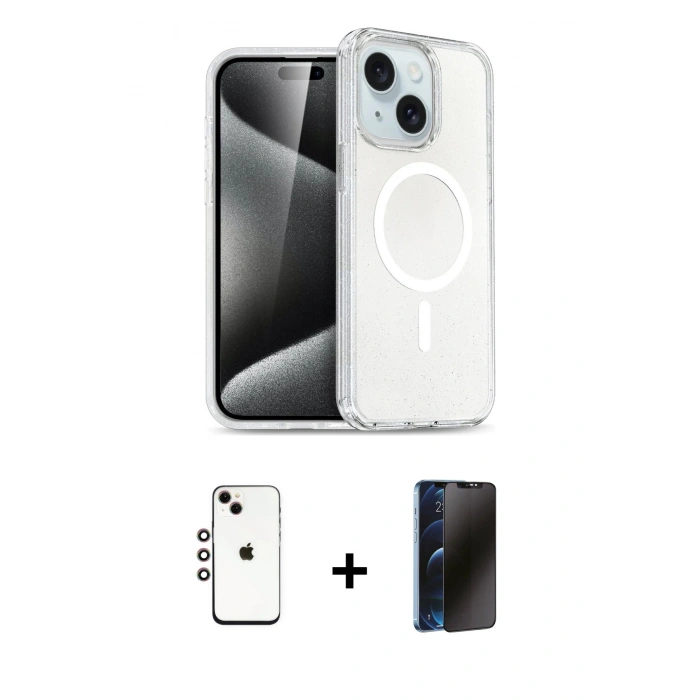 MARSİLYAN™- iPhone 14 Kılıf Nova Asil Prime - Siyah 3D Antistatik Hayalet Cam Ekran Koruyucu + Shine Kamera Lens - GI