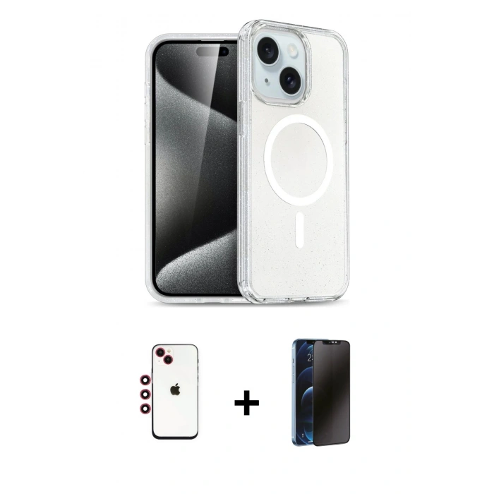 MARSİLYAN™- iPhone 14 Kılıf Nova Asil Prime - Siyah 3D Antistatik Hayalet Cam Ekran Koruyucu + Shine Kamera Lens - KI