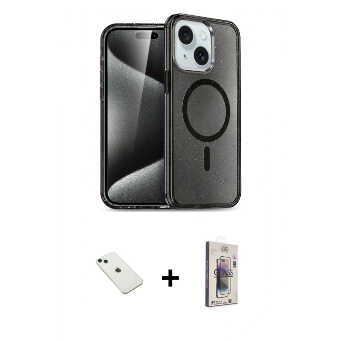 MARSİLYAN™- iPhone 14 Kılıf Nova Asil Prime - Siyah Bilvis 3D Cam Ekran Koruyucu + Diamond Kamera Lens - YL