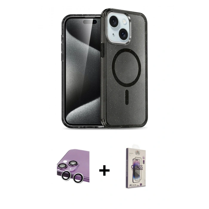 MARSİLYAN™- iPhone 14 Kılıf Nova Asil Prime - Siyah Bilvis 3D Cam Ekran Koruyucu + Raze Metal Kamera Lens - GS