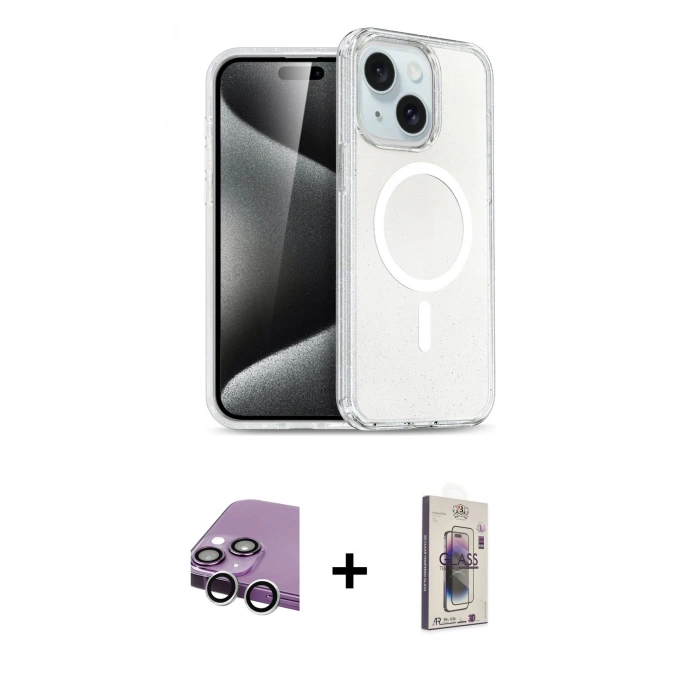 MARSİLYAN™- iPhone 14 Kılıf Nova Asil Prime - Siyah Bilvis 3D Cam Ekran Koruyucu + Raze Metal Kamera Lens - GS