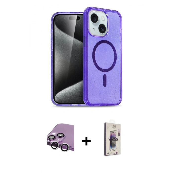 MARSİLYAN™- iPhone 14 Kılıf Nova Asil Prime - Siyah Bilvis 3D Cam Ekran Koruyucu + Raze Metal Kamera Lens - GS